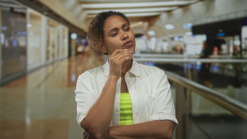 Woman touching chin with thoughtful pose in mall building corridor wearing white shirt and neon green top; pensive doubt.
