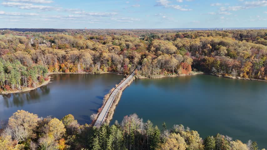Aerial View of Hoopes Reservoir and Autumn Foliage in Wilmington, Delaware