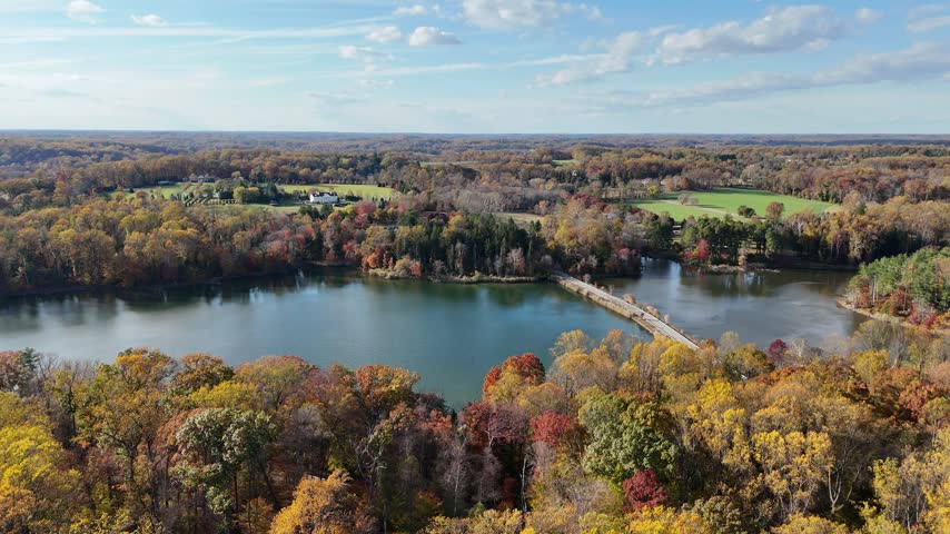 Aerial View of Hoopes Reservoir and Autumn Foliage in Wilmington, Delaware