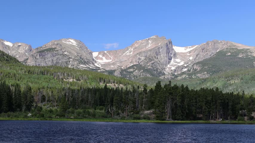 A vast blue lake stretches across the foreground, reflecting the majestic snowcapped peaks of the Rocky Mountains and the surrounding dense pine forest.