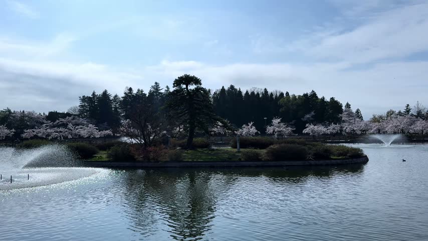 Water Fountain and Cherry Blossoms Across a Scenic Park Lake