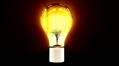 Tree growing inside shiny bulb, green energy concept