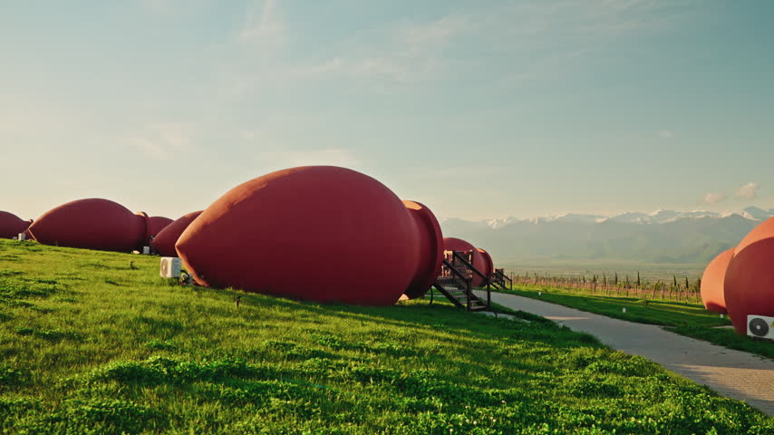 Terracotta qvevri shaped hotel rooms line the crest of a bright green slope with the snow capped Caucasus range beyond.