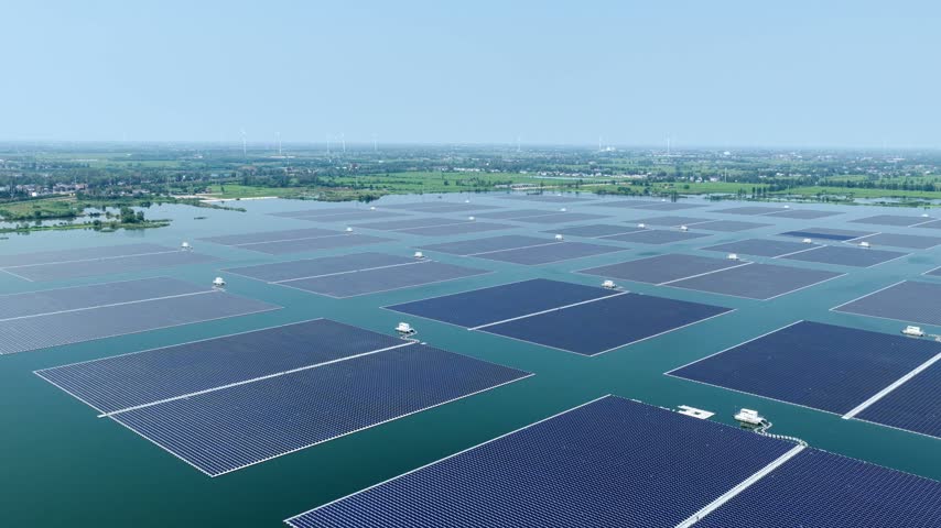 Aerial view of floating solar power plant on water surface