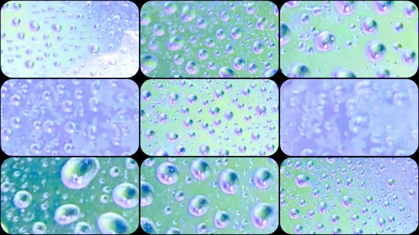 Close-up of condensation drops with iridescent reflections