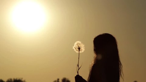 silhouette of a girl at sunset with a dandelion flower