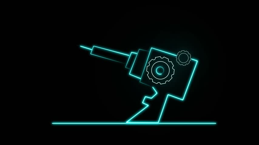 Blue neon drill animation turns with gears and bright sparks. Industrial mechanical tools operate with the neon drill. Smart technical progress drives this blue neon drill.