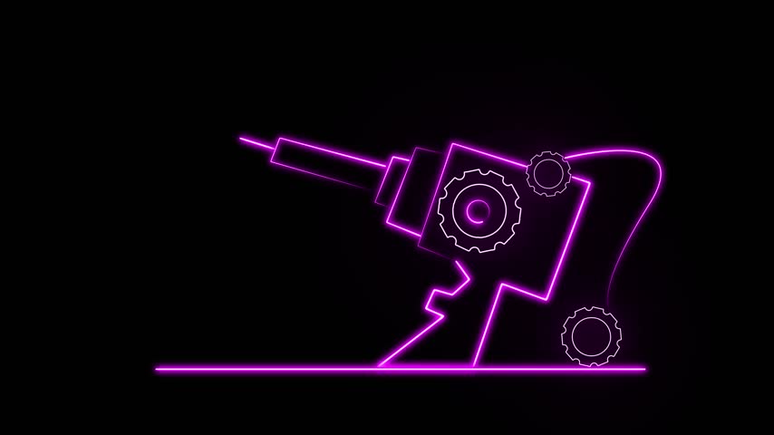 Purple neon drill animation spins beside rotating steel gears. High tech industrial mechanics power this neon drill. Smart technical engineering drives the purple drill.