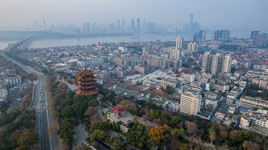 4K Hubei Wuhan Yellow Crane Tower Traffic Architecture Landmark Aerial Timelapse