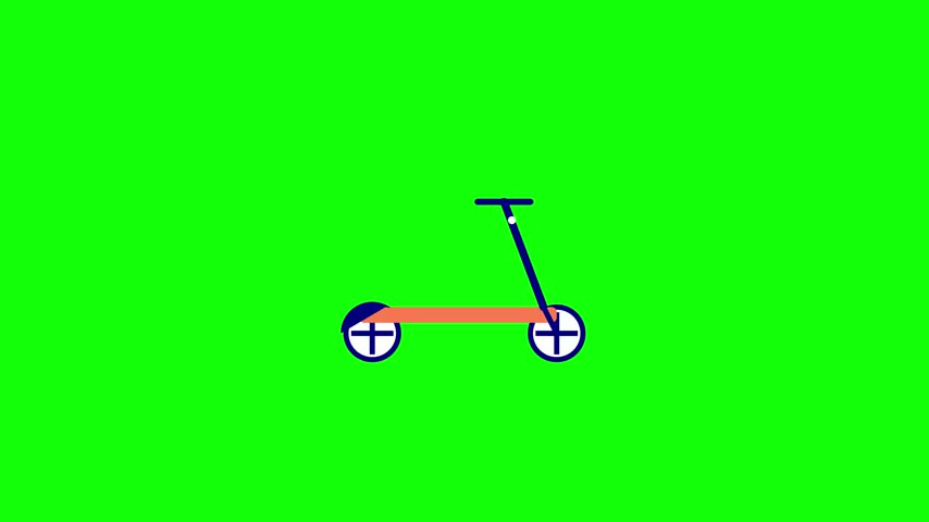 A high-quality 2D flat design kick scooter icon suitable for motion graphics and animation. The asset features a vibrant orange deck, a navy blue handle and frame, and stylized white wheels with blue cross spokes, all positioned against a solid green screen for easy chroma keying and digital compositing in video projects.