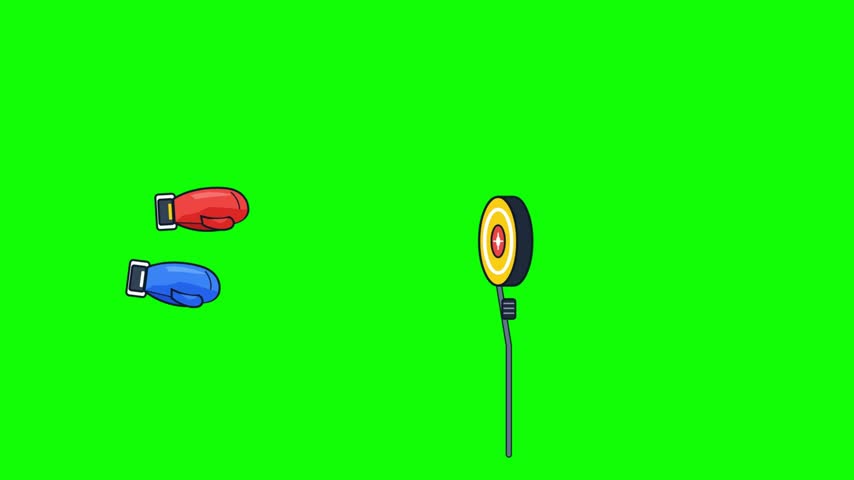 Animated footage of colorful cartoon boxing gloves striking a training target on green screen background
