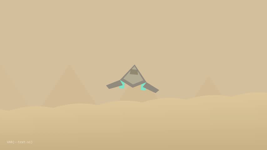 An animated stealth fighter jet flying horizontally over a minimalist desert landscape with sandy dunes in a clean 2D vector style video.