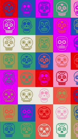 Skull loop. animation. Seamless pattern background. backdrop of small, funny human skulls in multicolored icons. Halloween, Mexican day of the Dead.