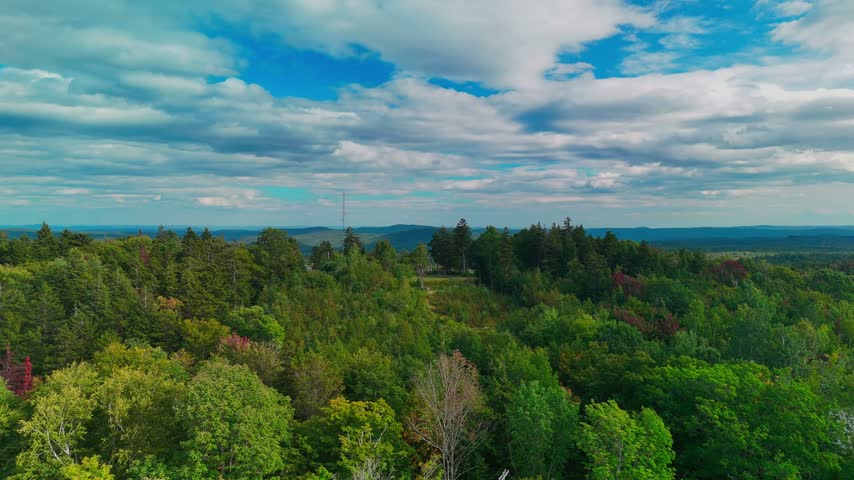 Aerial view of Hogback Mountain Conservation Area with dense forest, rolling hills, distant horizon and cloudy blue sky, representing wilderness and protected nature.