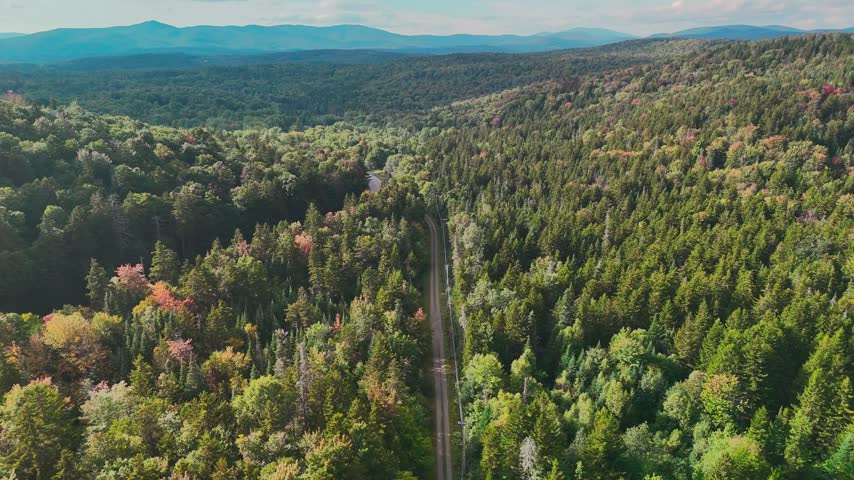 Aerial view of a winding road through Hogback Mountain forest, Marlboro, Vermont with rolling hills and distant mountains, representing wilderness, travel, and conservation.