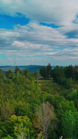 Aerial view of Hogback Mountain Conservation Area with dense forest, rolling hills, distant horizon and cloudy blue sky, representing wilderness and protected nature. Vertical.