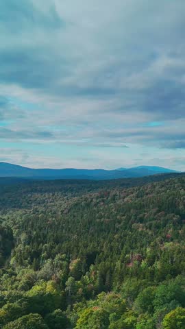 Aerial view of Hogback Mountain Conservation Area, Marlboro, Vermont with rolling forested hills, distant mountains, and dramatic cloudy sky, representing wilderness and environmental preservation. 4K. Vertical.
