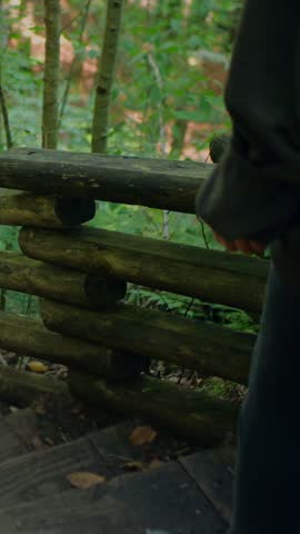 Hiker descending rustic wooden stairs on a forest trail, surrounded by green woodland. Outdoor hiking, nature travel, and peaceful adventure. Vertical.