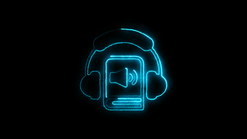 Cyan neon audiobook icon with headphones and speaker on black background
