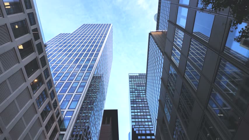 Low Angle POV of Modern Glass Skyscrapers in Frankfurt Business District