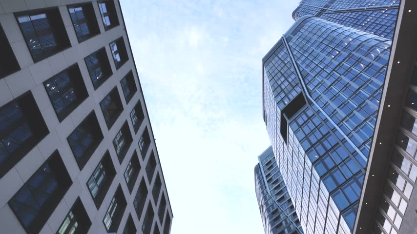 Low Angle POV of Modern Glass Skyscrapers in Frankfurt Business District