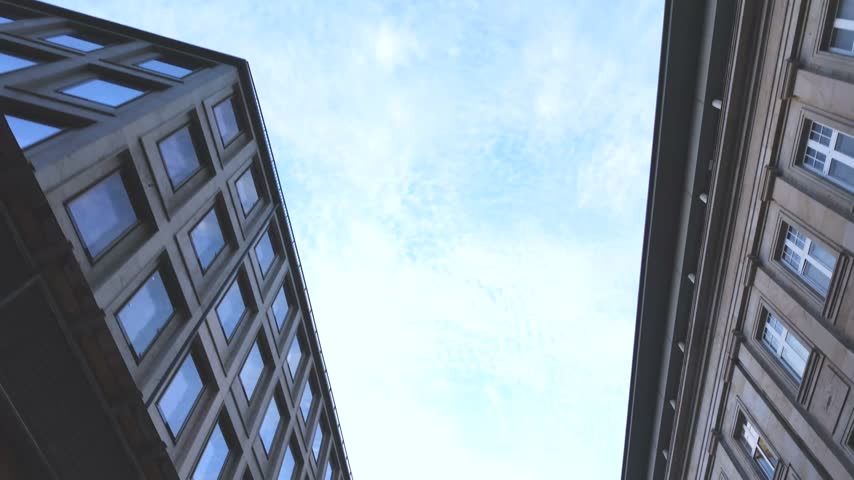 Low Angle POV of Modern Glass Skyscrapers in Frankfurt Business District