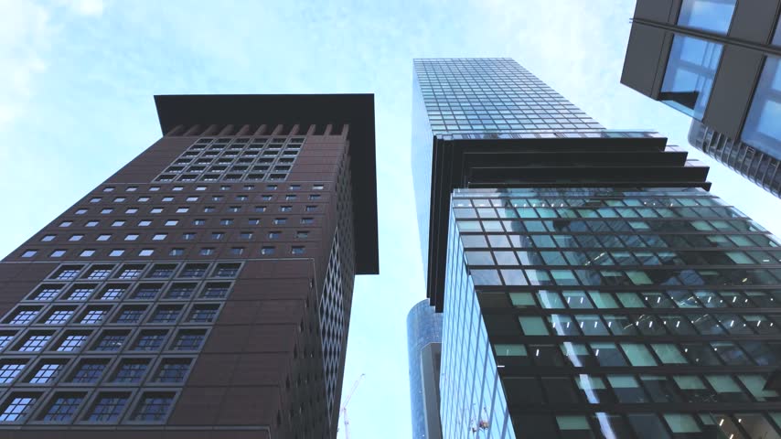 Low Angle POV of Modern Glass Skyscrapers in Frankfurt Business District