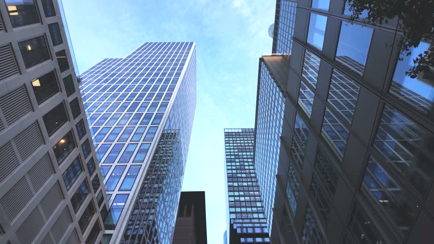 Low Angle POV of Modern Glass Skyscrapers in Frankfurt Business District