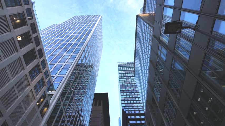 Low Angle POV of Modern Glass Skyscrapers in Frankfurt Business District