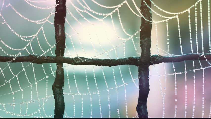 Dewdrops sparkle on a delicate spider web beside an old rusty fence in soft natural light.