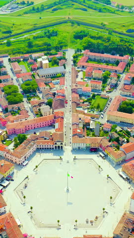Vertical video. Palmanova, Udine, Italy. An exemplary fortification project of its time was laid down in 1593. Aerial View. Rich colors