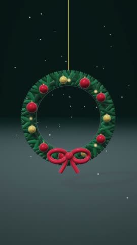 Stylized 3D Christmas animation of an evergreen wreath decorated with red and gold ornaments and a red bow on a dark background.