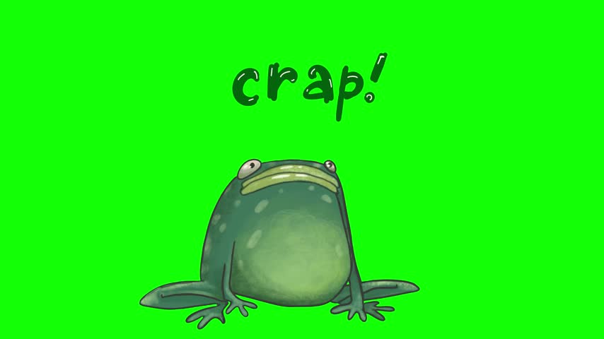 Animated green frog showing Crap text reaction and shooting long tongue on green screen backdrop.