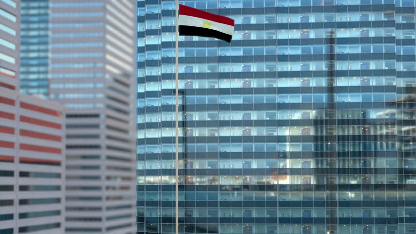 Egypt Flag Waving Against Glass Office Building - Daylight Scene
