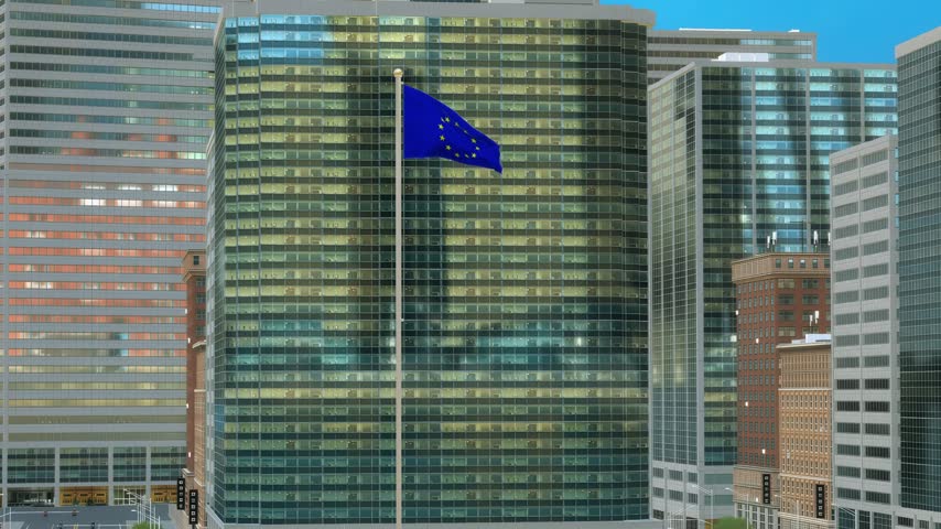 European Union Flag on Pole, Modern Business District Buildings - Daytime View