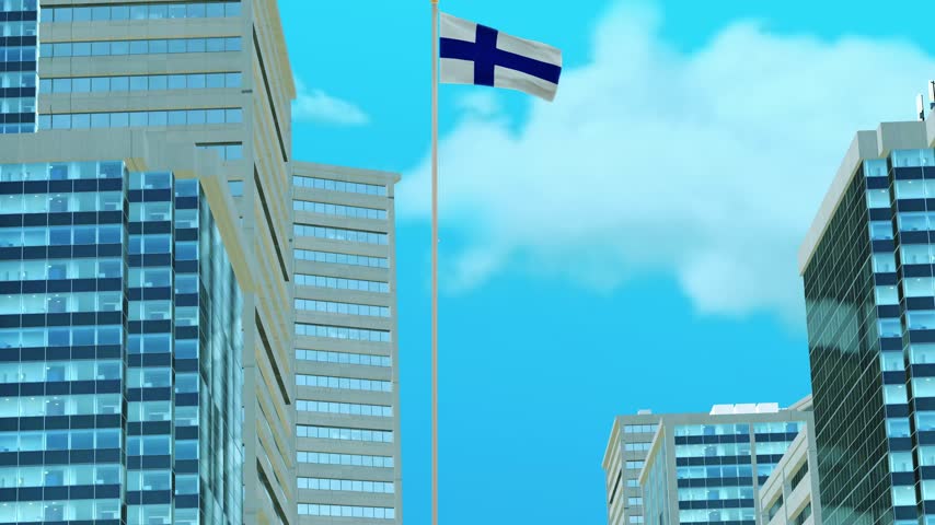 Finland Flag with Urban Architecture and Clear Blue Sky
