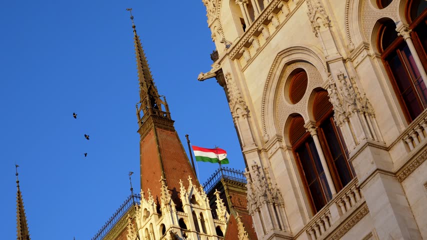 The Hungarian Parliament stands tall and elegant, its national flag waving proudly in the breeze, symbolizing strength, history, and identity.