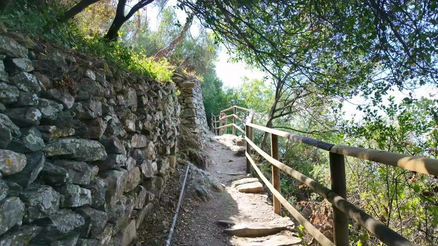 Narrow rocky path with wooden railing through trees. Hiking in Cinque Terre.