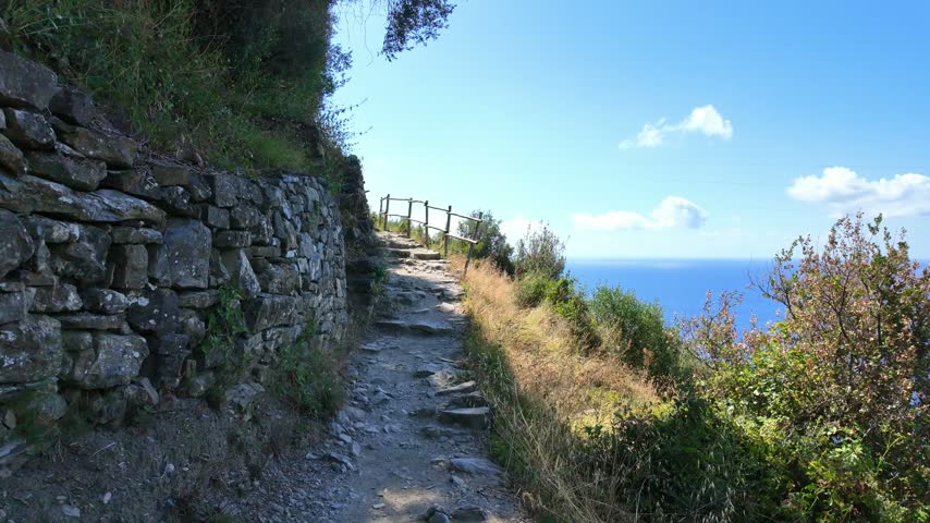 Rocky cliff path with wooden railing beside blue sea. Hiking in Cinque Terre.