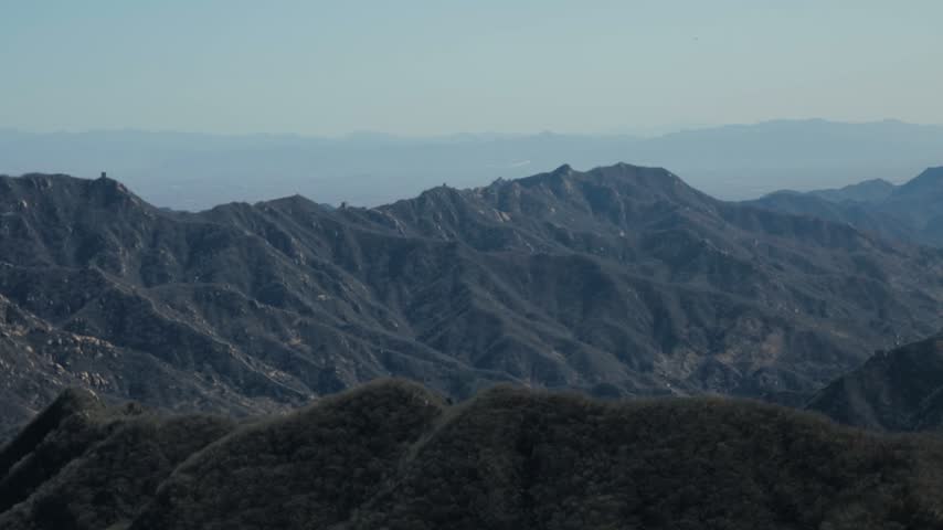 Wide View of Mountain Ridges from Great Wall Mutianyu Section near Beijing, China
