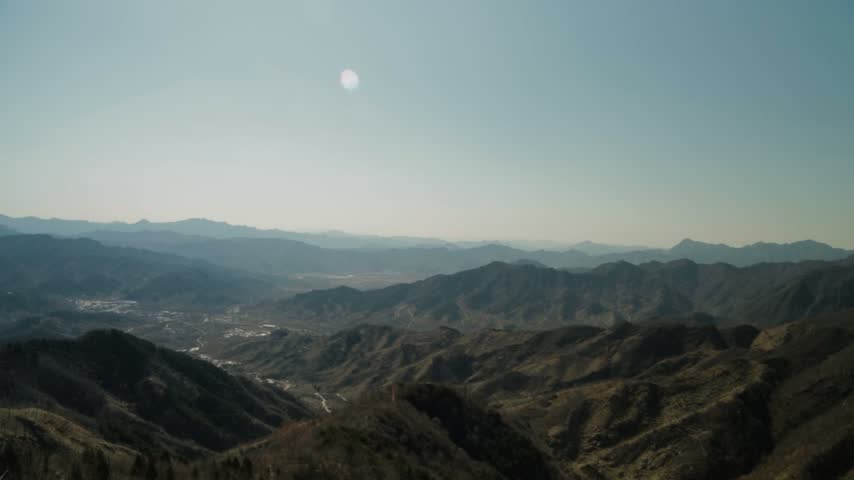 Expansive Mountain Landscape View from Great Wall at Mutianyu, Beijing, China
