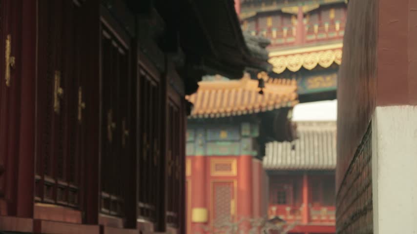 Moving Shot of Traditional Temple Corridor and Ornate Architecture in Beijing, China