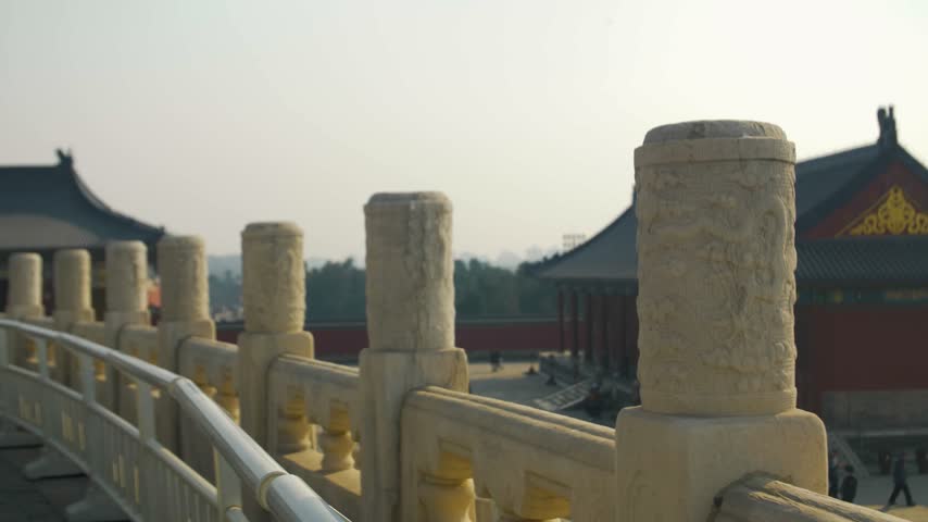 Carved Stone Balustrade and Pillars Overlooking Temple Courtyard in Beijing, China