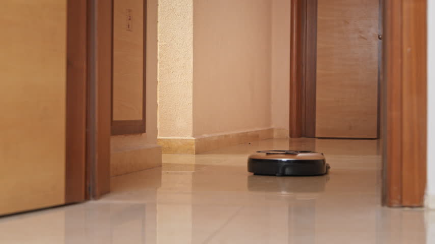 A black and tan dachshund dog wearing a red sweater runs down a hallway chasing a robotic vacuum cleaner, a lighthearted concept of machine uprising.