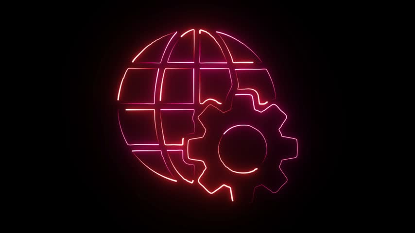 A bright red neon line art illustration showing a world globe and a gear for global configuration concepts