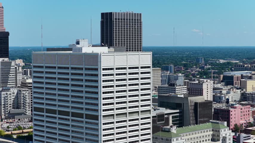Aerial footage of Skyscrapers and office buildings in the skyline in Atlanta Georgia USA