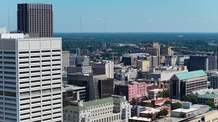 Aerial footage of Skyscrapers and office buildings in the skyline in Atlanta Georgia USA
