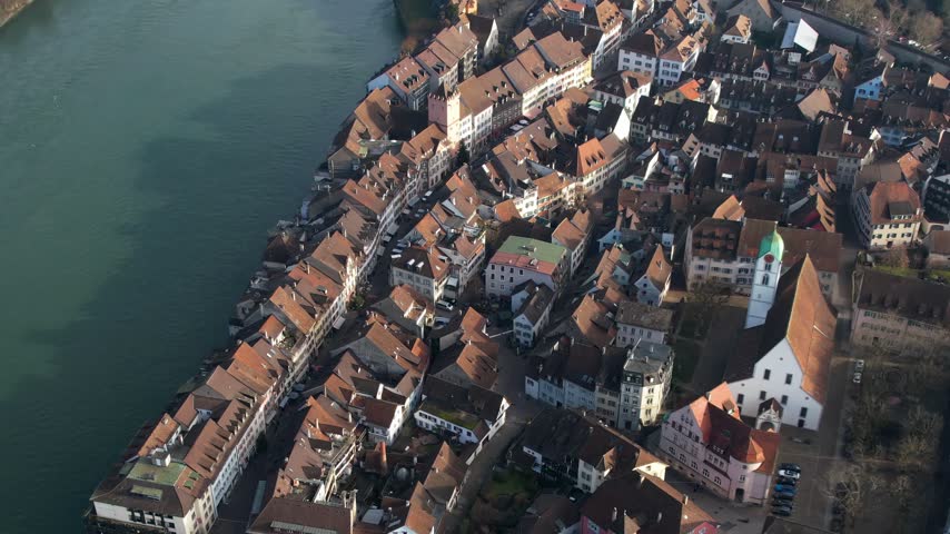 Arial view beside the old town above the city Rheinfelden in Switzerland,  on a cloudy autumn morning