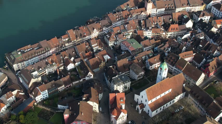 Arial view beside the old town above the city Rheinfelden in Switzerland,  on a cloudy autumn morning