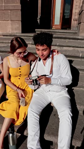 Young Mexican couple sitting on outdoor steps while the man shows photos on his camera to the smiling woman, sharing a happy moment together during their travels on a sunny day